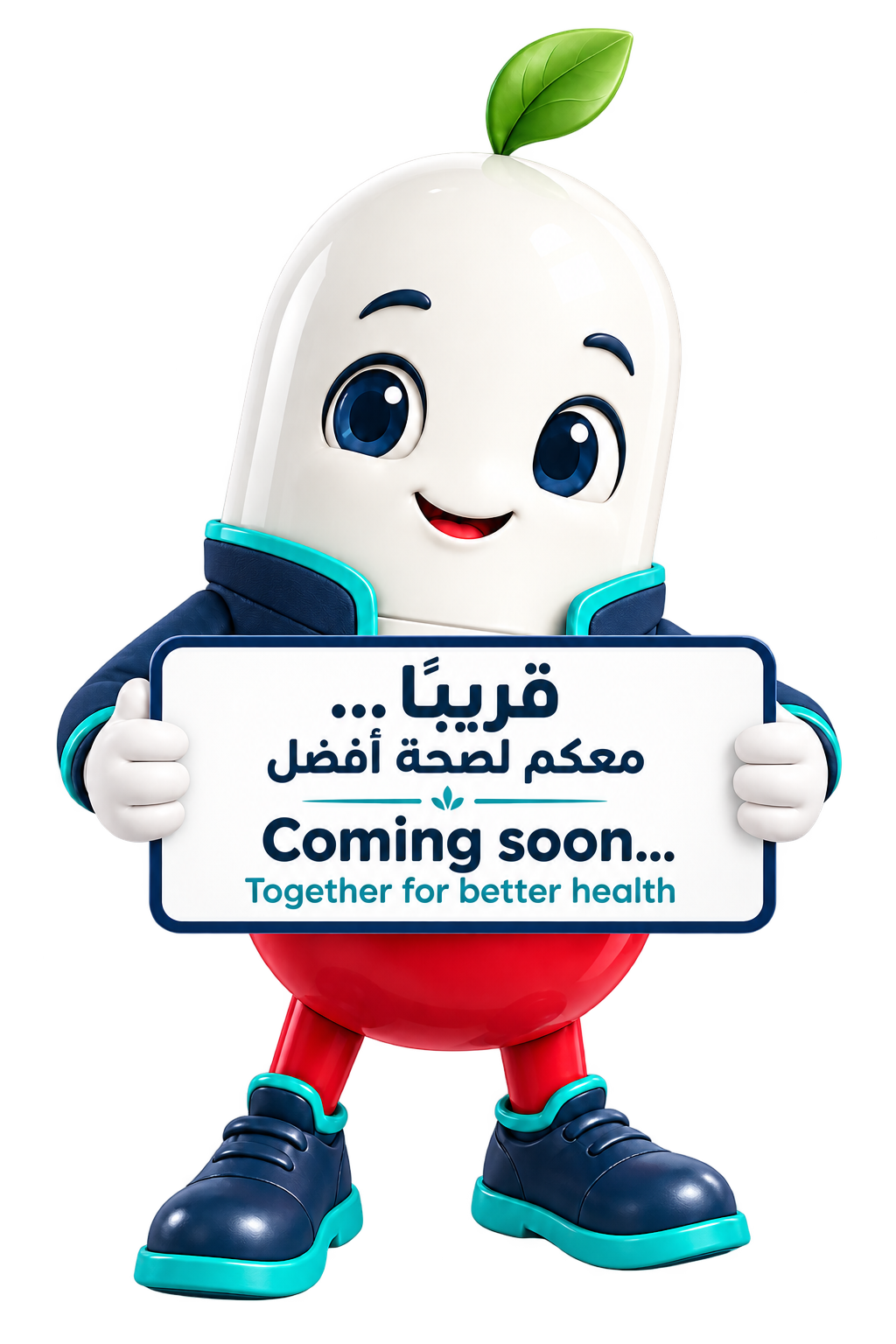 أركو يحمل لوحة: قريبًا… معكم لصحة أفضل. Coming soon… Together for better health.
